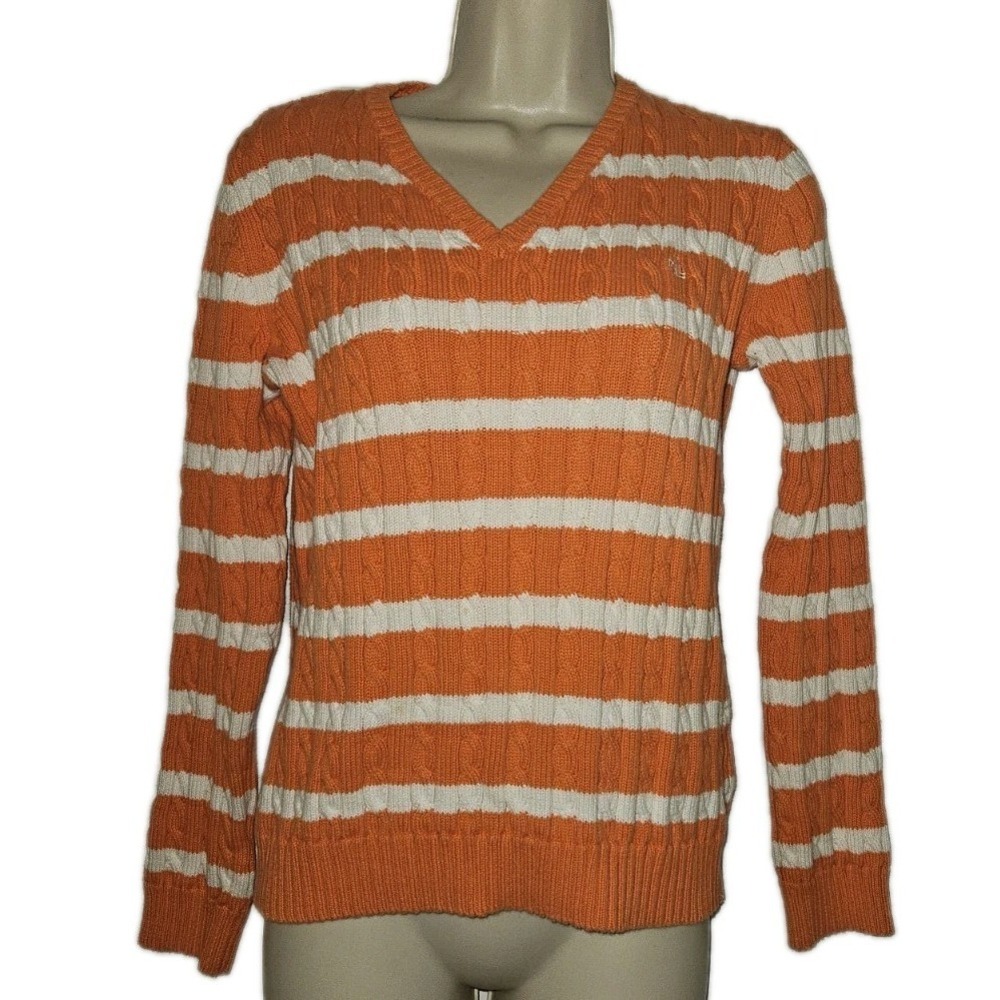 Lauren Ralph Lauren Preppy Cable Knit V Neck Sweater Orange White Striped Size M